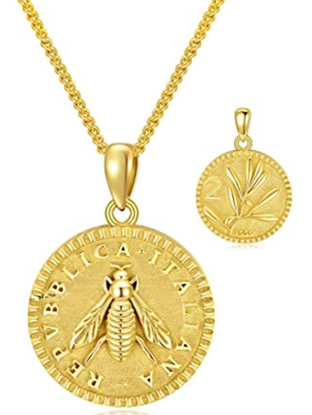925 Sterling Silver 2 Lira Italian Bee Coin Necklace for Women Lire 18K Gold